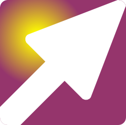 Logo von Clareon: weißer Pfeil nach rechts oben vor gelbem Glanzlicht links oben auf weinrotem Grund.